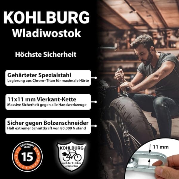 Man sichert Motorrad mit Massives Sicherheitsschloss "Wladiwostok"; Text hebt besonders starke, bolzenschneiderresistente Eigenschaften des Fahrradschlosses hervor.