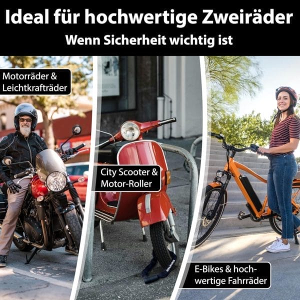 Drei Tafeln: Mann auf Motorrad, geparkter roter Motorroller und Frau mit Massives Sicherheitsschloss "Wladiwostok" auf dem Elektrofahrrad im Freien.