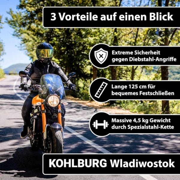 Eine Person in schwarzer Kleidung fährt mit einem Motorrad auf der Straße; der Text hebt die robuste Sicherheit, die große Länge und das hohe Gewicht der Kette des Massiven Sicherheitsschlosses "Wladiwostok" hervor.