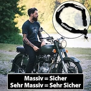 Ein bärtiger Mann fährt auf einem Motorrad; ein Einsatz zeigt das Massive Sicherheitsschloss "Wladiwostok" für Fahrräder in schwerer Ausführung. Der deutsche Text gibt die Sicherheitsstufen an.