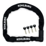Massives Sicherheitsschloss "Wladiwostok" von KOHLBURG, schwarze Fahrradkette mit vier Schlüsseln auf weißem Hintergrund.