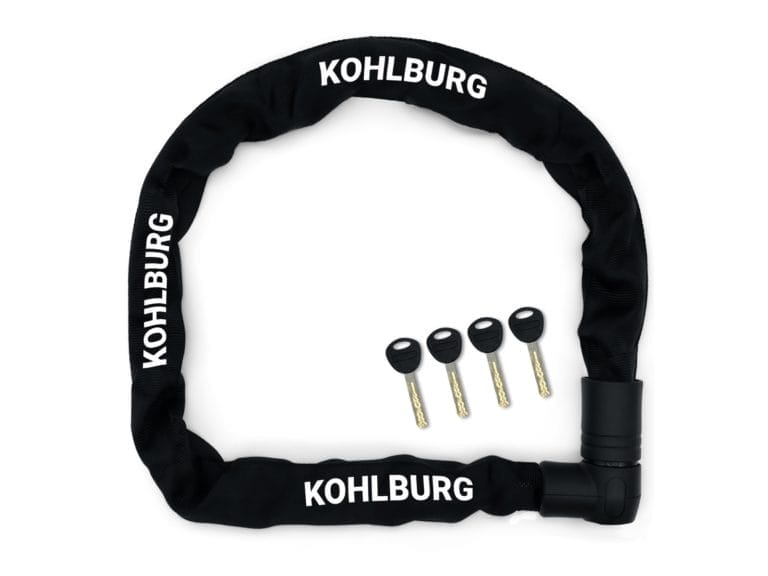 Massives Sicherheitsschloss "Wladiwostok" von KOHLBURG, schwarze Fahrradkette mit vier Schlüsseln auf weißem Hintergrund.