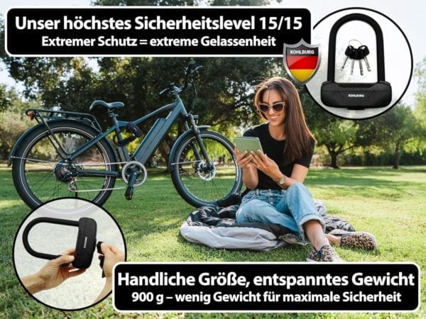 Eine Frau sitzt mit Smartphone im Park neben ihrem Fahrrad und präsentiert das leichte Sicherheits-Bügelschloss "Budapest" sowie passendes Zubehör in einer Werbegrafik.