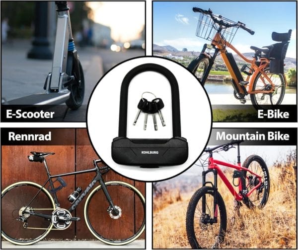Collage aus einem E-Scooter, einem E-Bike, einem Rennrad, einem Mountainbike und dem Leichtes Sicherheits Bügelschloss "Budapest" mit Schlüsseln.