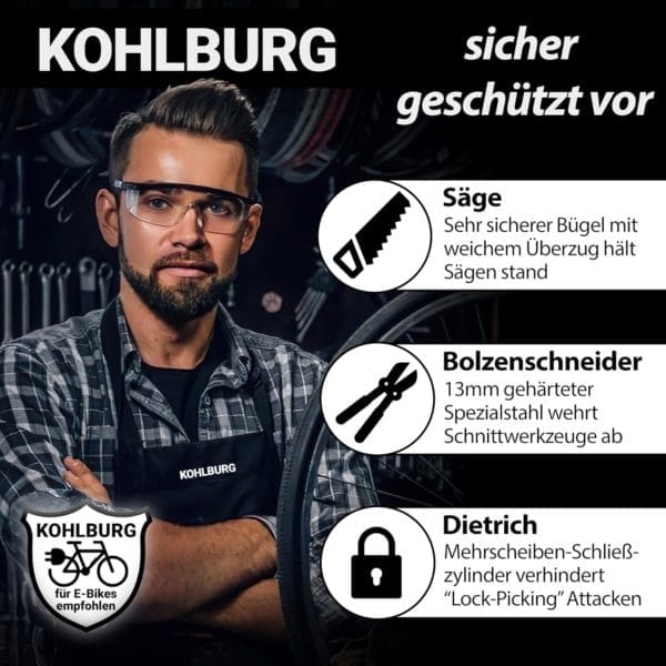 Ein Mann mit Schutzbrille und Schürze steht neben Symbolen für Sicherheitswerkzeuge und deutschem Text, der die Merkmale des Leichtes Sicherheits Bügelschlosses "Budapest" hervorhebt.