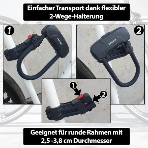 Nahaufnahme des Leichtes Sicherheits Bügelschlosses "Budapest" in schwarz, mit einer 2-Wege-Halterung, die an einem weißen Fahrradrahmen befestigt ist.