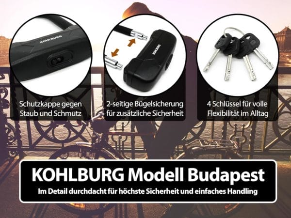 Drei Nahaufnahmen zeigen Merkmale des Leichtes Sicherheits Bügelschloss "Budapest" mit deutschem Text vor einer Stadtkulisse.