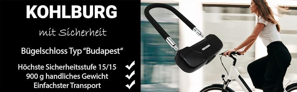 Eine Frau fährt Fahrrad; das Leichtes Sicherheits Bügelschloss "Budapest" ist abgebildet und hebt seine Sicherheitsmerkmale und die Details des einfachen Transports hervor.
