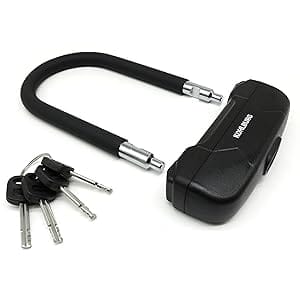 Abgebildet ist das Leichtes Sicherheits Bügelschloss "Budapest" in schwarz mit vier Schlüsseln daneben auf weißem Hintergrund.