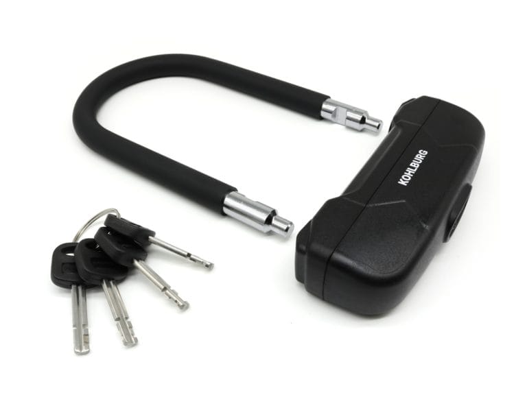 Leichtes Sicherheits-Bügelschloss "Budapest" in Schwarz, inklusive vier Schlüsseln am Metallring, auf weißem Hintergrund.