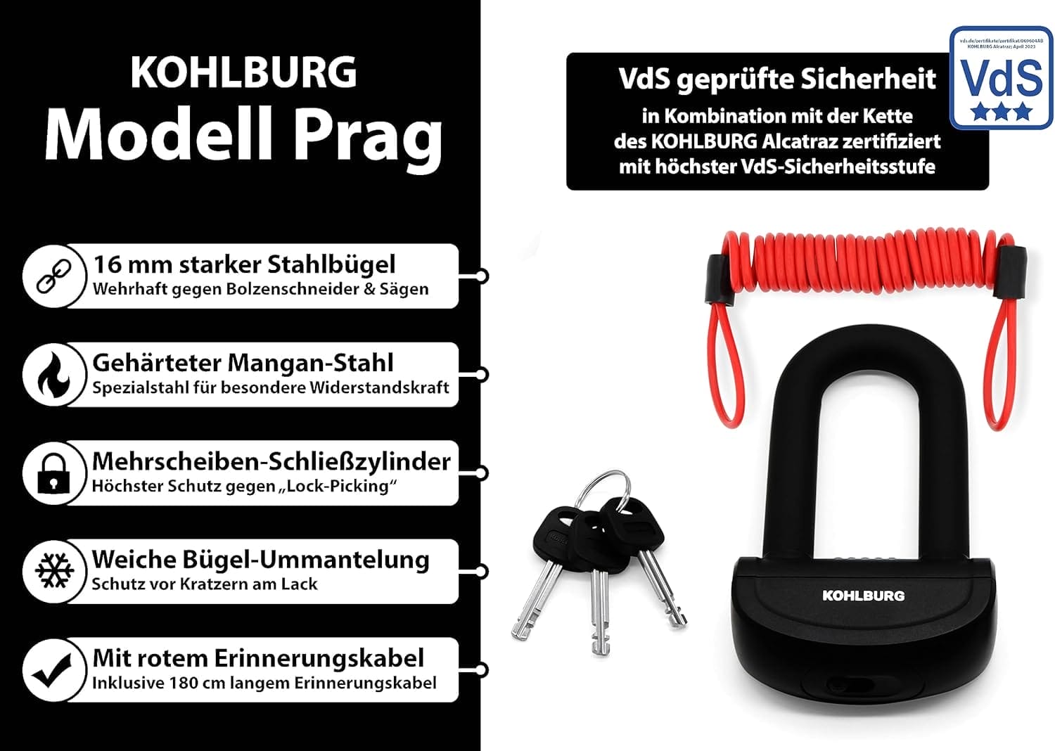 Sicheres Motorradschloss "Prag" U-Lock Set mit Schlüsseln, Erinnerungskabel und Sicherheitssymbolen auf Deutsch.