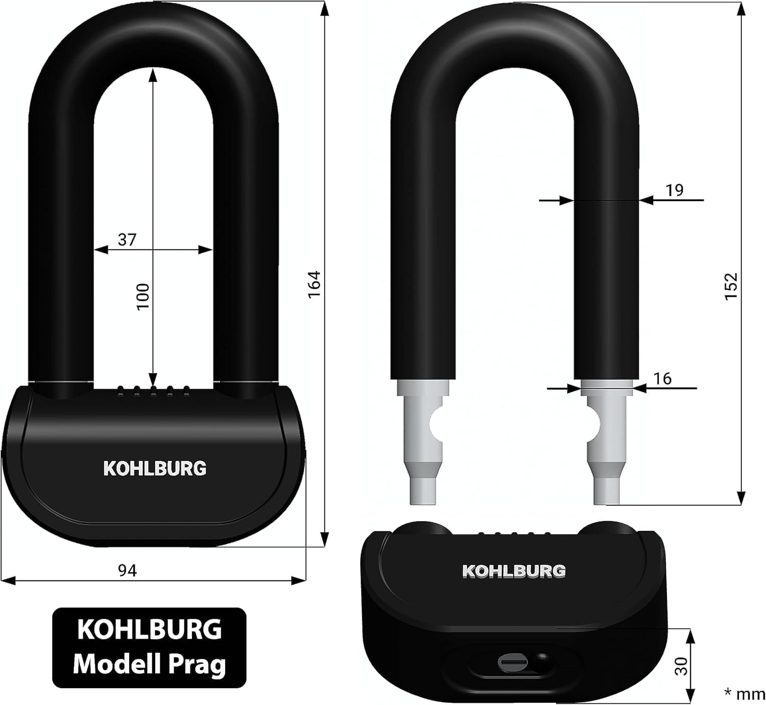 Schema des Bügelschlosses Sicheres Motorradschloss "Prag" mit Maßangaben in Millimetern.
