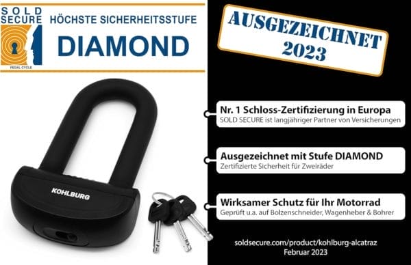 Ein schwarzes Sicheres Motorradschloss "Prag" mit Schlüsseln; der Text hebt die höchste Sicherheitszertifizierung und -bewertung hervor.