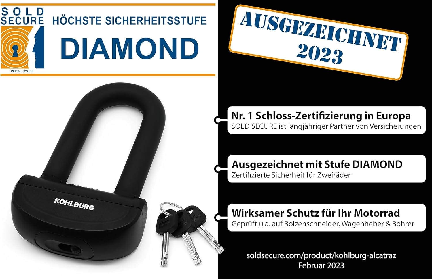 Ein schwarzes Sicheres Motorradschloss "Prag" mit Schlüsseln; der Text hebt die höchste Sicherheitszertifizierung und -bewertung hervor.