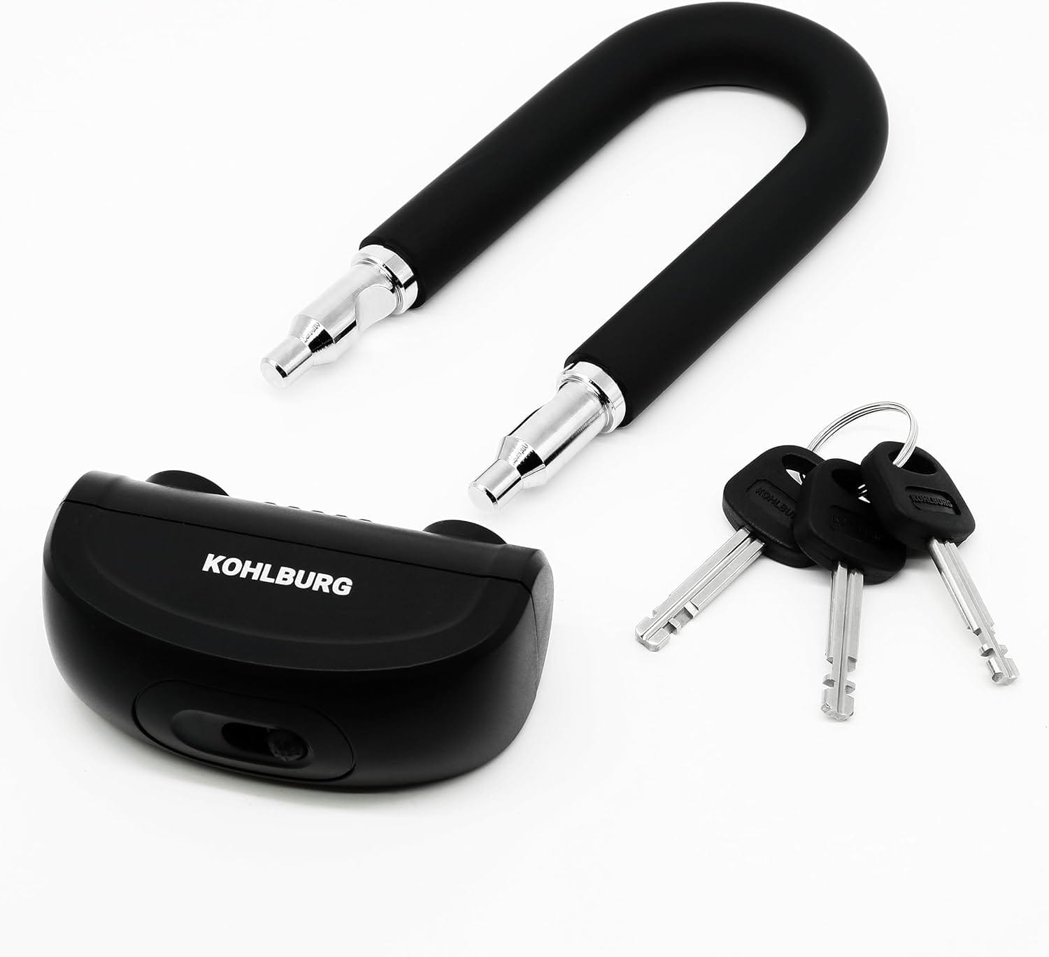 Ein Sicheres Motorradschloss "Prag" in schwarzer Ausführung mit drei Schlüsseln auf weißem Hintergrund, zerlegt dargestellt.