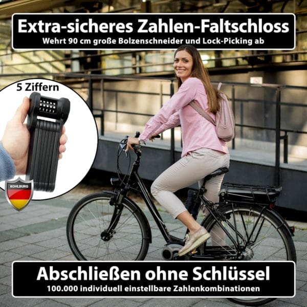 Frau in rosa Jacke auf einem schwarzen Fahrrad mit dem langen Premium Zahlen-Faltschloss "Wien", mit deutschem Text über sicheres, schlüsselloses Schließen.