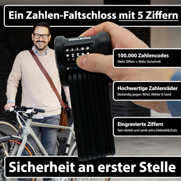 Ein Mann mit einem Fahrrad hält das Langes Premium Zahlen-Faltschloss "Wien", ein Faltschloss mit 5-stelligem Code; der deutsche Text beschreibt seine fortschrittlichen Sicherheitsmerkmale.