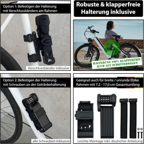 Das Bild zeigt zwei Befestigungsmöglichkeiten für das Langes Premium Zahlen-Faltschloss "Wien" mit mitgelieferten Gurten und Schrauben sowie eine Frau auf einem E-Bike.