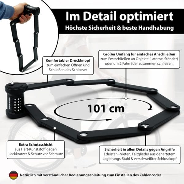 Langes Premium Zahlen-Faltschloss "Wien": Faltbares schwarzes Fahrradschloss mit Zahlen-Code, ausziehbar in Hexagon-Form, beschriftete Features auf Deutsch.