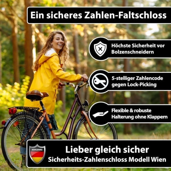 Eine Frau in einem gelben Regenmantel mit einem Fahrrad präsentiert das Langes Premium Zahlen-Faltschloss "Wien"; die Sicherheitsmerkmale des Schlosses werden durch Text und Symbole hervorgehoben.