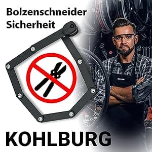 Ein Mann steht mit verschränkten Armen neben dem Langes Premium Zahlen-Faltschloss "Wien" und einem Bolzenschneider in einem roten Verbotsschild.