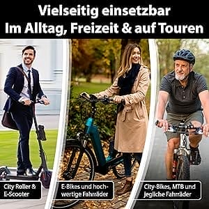 Drei Personen nutzen das Langes Premium Zahlen-Faltschloss "Wien" im Freien: ein Mann auf einem E-Scooter, eine Frau auf einem E-Bike und ein weiterer Mann auf einem Citybike.