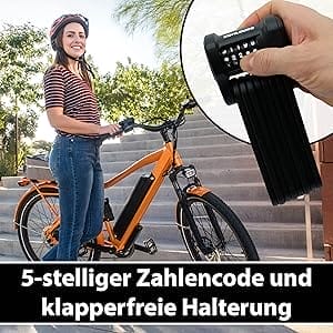Eine Frau mit einem Fahrrad; in der Mitte ist das Langes Premium Zahlen-Faltschloss "Wien" abgebildet, ein faltbares Schloss mit einem 5-stelligen Code. Ein deutscher Text erklärt die Verwendung des Codes und des Halters.