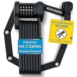 Schwarzes Faltfahrradschloss mit Zahlenkombination, Sicherheitsschildern und dem sichtbaren Markennamen "Langes Premium Zahlen-Faltschloss 'Wien'".