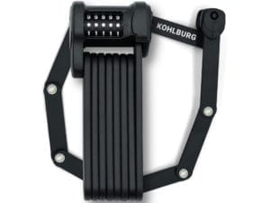 Das Langes Premium Zahlen-Faltschloss "Wien" ist ein schwarzes Fahrrad-Faltschloss mit Zahlenscheibe und KOHLBURG-Branding.