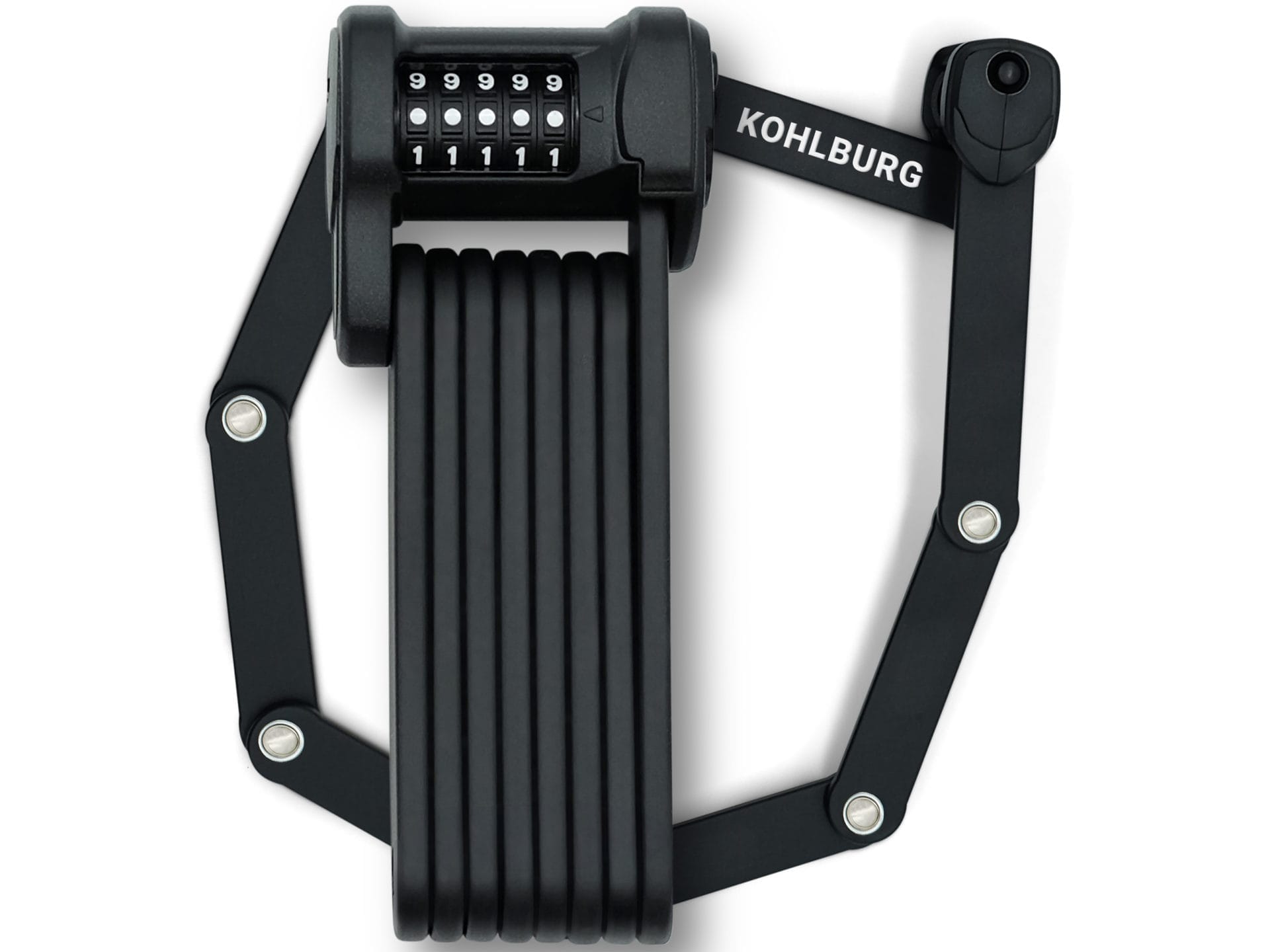 Das Langes Premium Zahlen-Faltschloss "Wien" ist ein schwarzes Fahrrad-Faltschloss mit Zahlenscheibe und KOHLBURG-Branding.