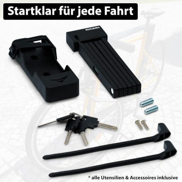 Schwarzes faltbares Fahrradschloss-Set mit Halterung, Schlüssel, Schrauben, Riemen; deutscher Text oben auf weiß.