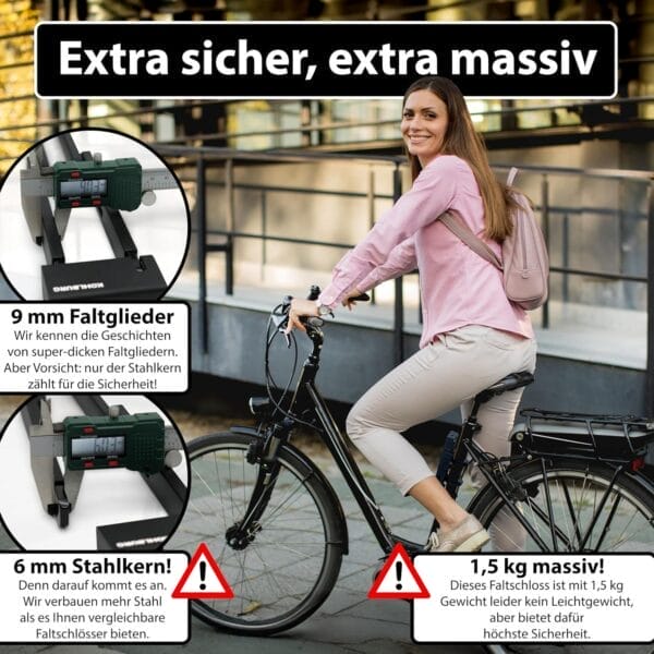 Frau mit pinkem Rucksack auf Fahrrad; Einblendungen zeigen Faltschloss "Catania" und Infos.