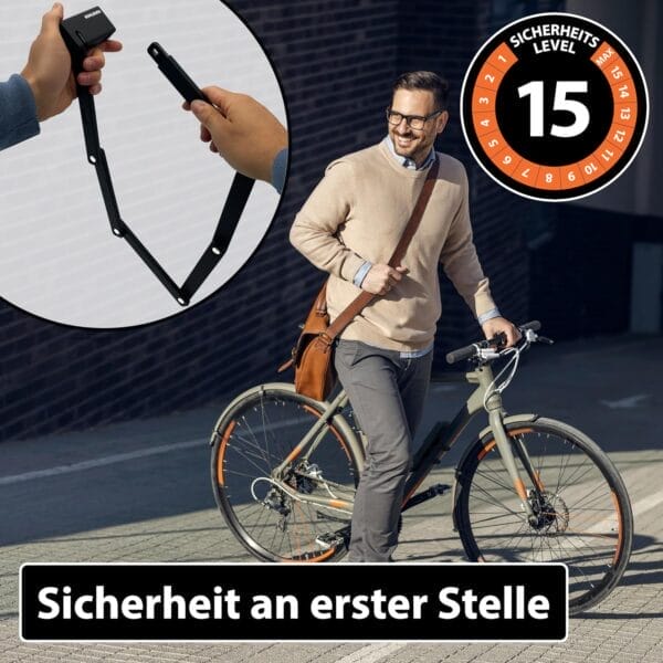 Mann mit Fahrrad und Sicherheits-Faltschloss "Catania" (Level 15), Text: "Sicherheit an erster Stelle.