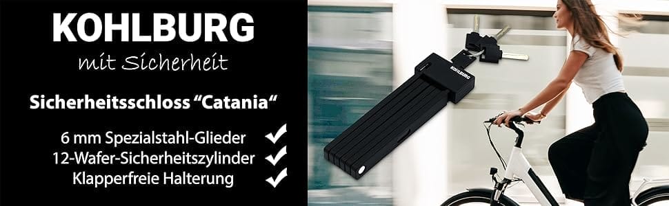 Fahrrad fahrende Frau, rechts abgebildetes KOHLBURG Sicherheitsfaltschloss Catania mit Ausstattung.